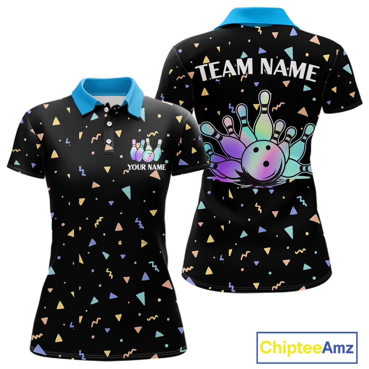 Hologram colors geometric pattern Black Bowling Shirts for Women Custom Team Bowling League Jersey NQS11607