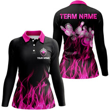 Load image into Gallery viewer, Black and Pink flame Womens bowling polo shirt Bowling Jerseys Personalized Bowling Team Shirts NQS5880