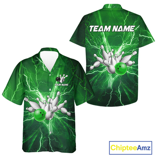 Bowling Hawaiian Shirt Custom Green Lightning Thunder Bowling Team Jersey, gift for team Bowlers NQS10602