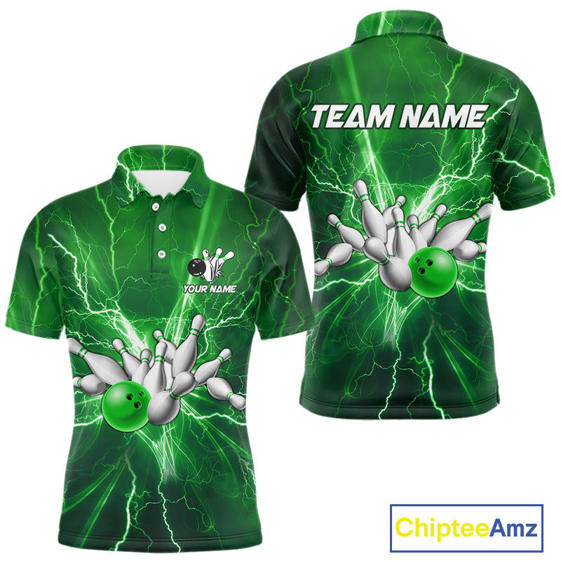 Men's Bowling Shirts Custom Green Lightning Thunder Bowling Team Jersey, gift for team Bowlers NQS10602