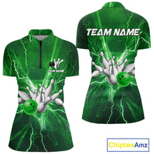 Load image into Gallery viewer, Women&#39;s Bowling Shirts Custom Green Lightning Thunder Bowling Team Jersey, gift for team Bowlers NQS10602