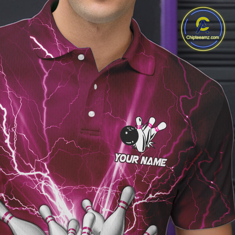 Men's Bowling Shirts Custom Pink Lightning Thunder Bowling Team Jersey, gift for team Bowlers NQS10603