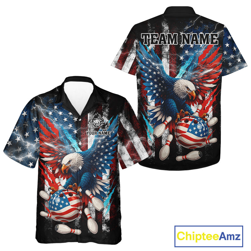 Personalized American Flag Eagle Lightning Thunder Bowling Hawaiian Shirts, Patriotic Bowling Gift NQS10834