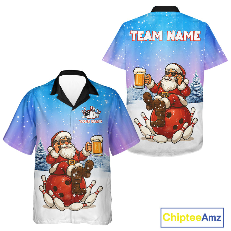Funny Santa drinking Beer Hawaiian Bowling Jersey Custom Christmas Bowling Team Shirt Gift For Bowler NQS11009