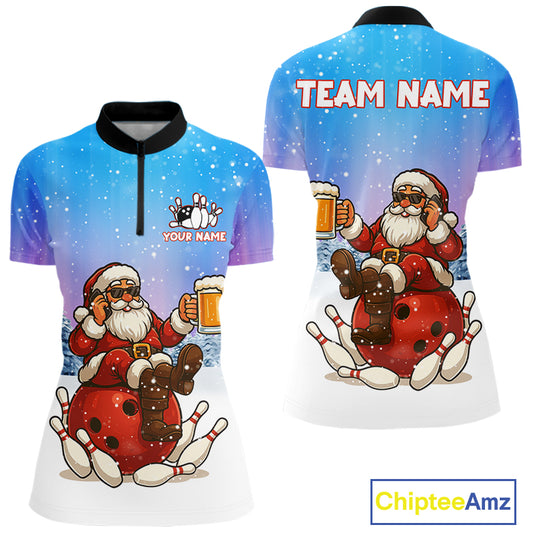 Funny Santa drinking Beer Bowling Shirt For Women Custom Christmas Bowling Team Shirt Gift For Bowler NQS11009