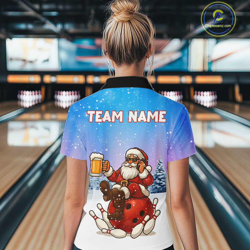 Funny Santa drinking Beer Bowling Shirt For Women Custom Christmas Bowling Team Shirt Gift For Bowler NQS11009