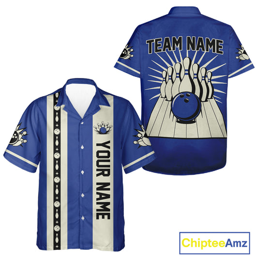 Blue Retro Bowling Hawaiian Shirt Custom Vintage Bowling Team Button up shirts NQS11212