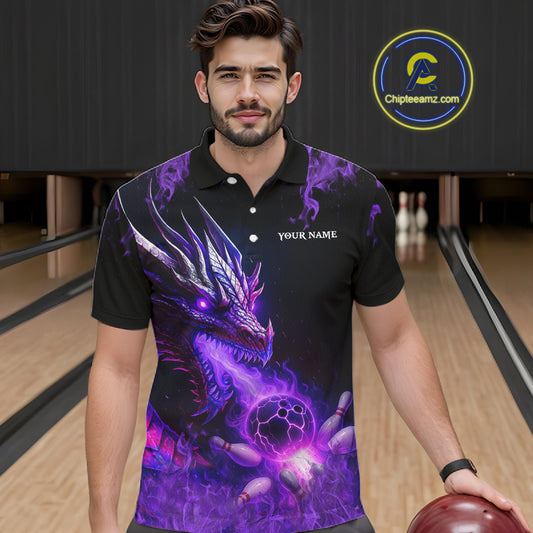 Black and Purple Flame Dragon Bowling Polo, 1/4 Zip Shirts For Men Custom Dragon Bowling Team Jerseys NQS11211