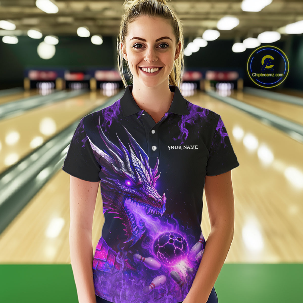 Black and Purple Flame Dragon Bowling Polo, 1/4 Zip Shirts Women Custom Dragon Bowling Team Jerseys NQS11211