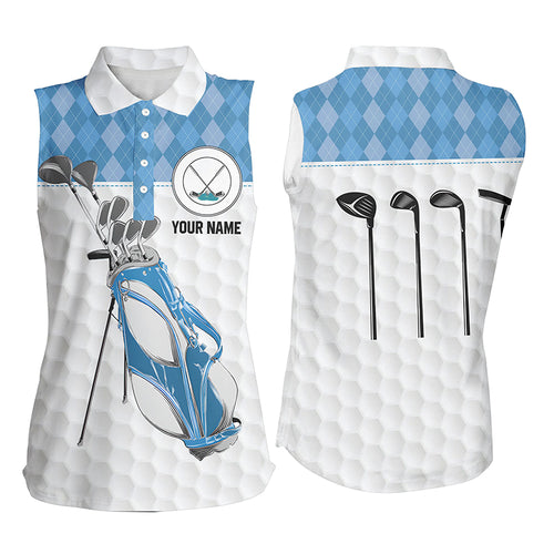 Golf bag clubs custom sleeveless polo golf shirt for women, blue argyle pattern Womens golf tops NQS4652