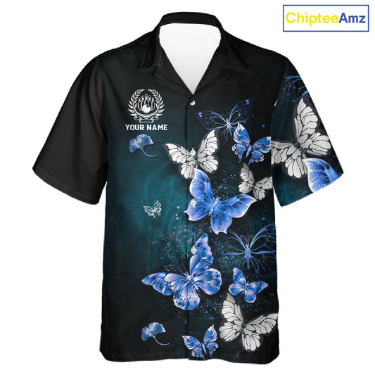 Custom Blue Butterfly Bowling Button-up Shirt, Bowling Team Shirt With Butterflies NQS11612