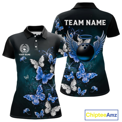 Custom Blue Butterfly Bowling 1/4 zip, Polo Shirt For Women, Bowling Team Shirt With Butterflies NQS11612