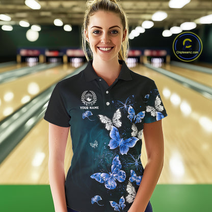 Custom Blue Butterfly Bowling 1/4 zip, Polo Shirt For Women, Bowling Team Shirt With Butterflies NQS11612