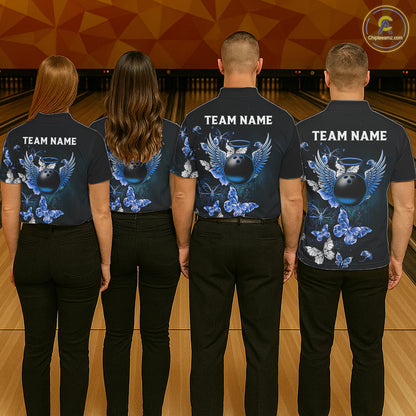 Custom Blue Butterfly Bowling 1/4 zip, Polo Shirt For Women, Bowling Team Shirt With Butterflies NQS11612