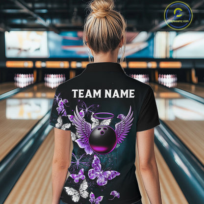 Custom Purple Butterfly Bowling Polo, 1/4 zip jerseys For Women, Bowling Team Shirt With Butterflies NQS11613