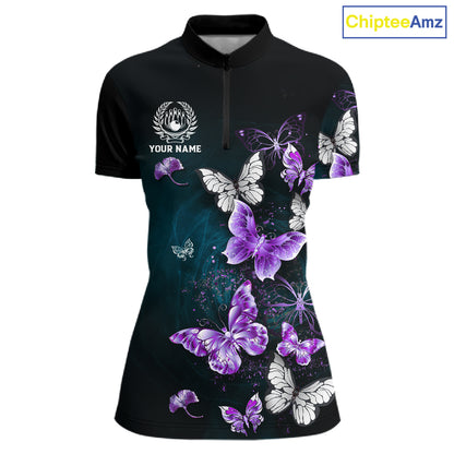 Custom Purple Butterfly Bowling Polo, 1/4 zip jerseys For Women, Bowling Team Shirt With Butterflies NQS11613
