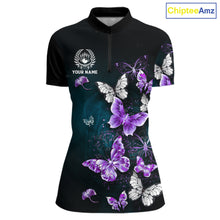 Load image into Gallery viewer, Custom Purple Butterfly Bowling Polo, 1/4 zip jerseys For Women, Bowling Team Shirt With Butterflies NQS11613