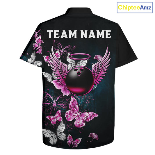 Custom Pink Butterfly Bowling Button-up Shirts, Hawaiian Bowling Team Shirt With Butterflies NQS11614
