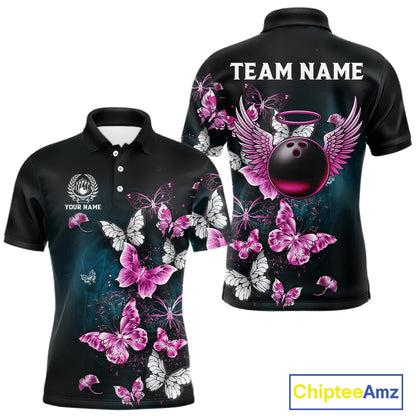 Custom Pink Butterfly Bowling Polo, 1/4 zip jerseys For Men, Bowling Team Shirt With Butterflies NQS11614