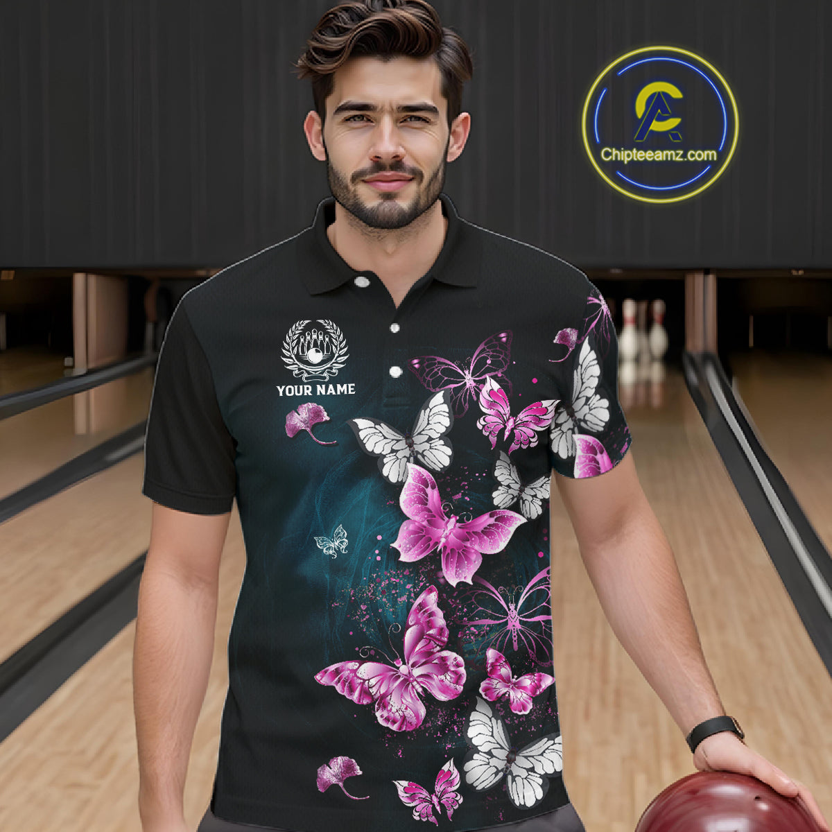Custom Pink Butterfly Bowling Polo, 1/4 zip jerseys For Men, Bowling Team Shirt With Butterflies NQS11614