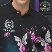 Load image into Gallery viewer, Custom Pink Butterfly Bowling Polo, 1/4 zip jerseys For Men, Bowling Team Shirt With Butterflies NQS11614
