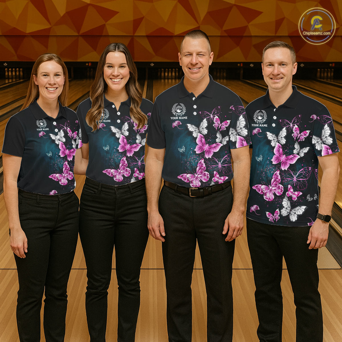 Custom Pink Butterfly Bowling Polo, 1/4 zip jerseys For Women, Bowling Team Shirt With Butterflies NQS11614
