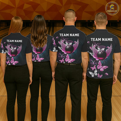 Custom Pink Butterfly Bowling Polo, 1/4 zip jerseys For Women, Bowling Team Shirt With Butterflies NQS11614