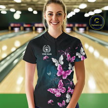 Load image into Gallery viewer, Custom Pink Butterfly Bowling Polo, 1/4 zip jerseys For Women, Bowling Team Shirt With Butterflies NQS11614