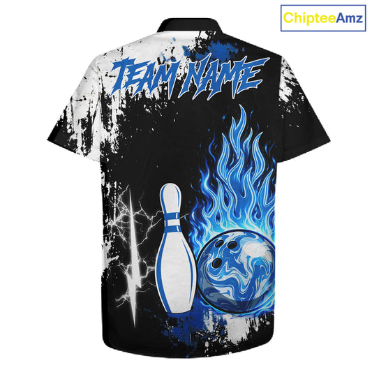 Custom Blue Flame Lightning Thunder Bowling Button-up shirt, black and white bowling team jerseys NQS11617