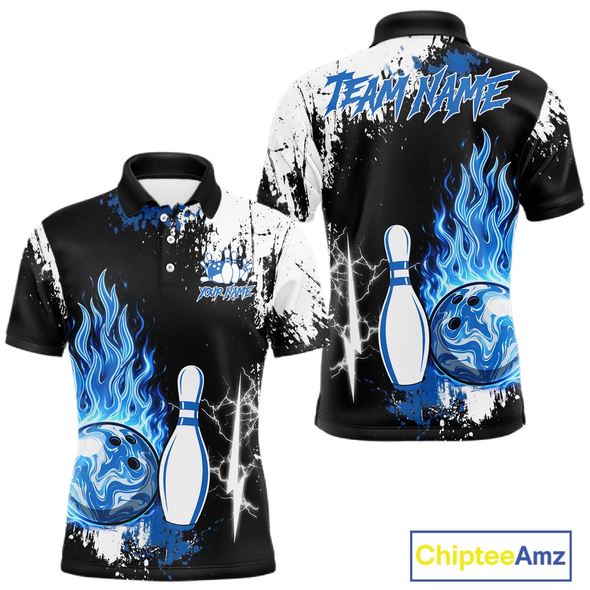 Custom Blue Flame Lightning Thunder Bowling shirts for Men, black and white bowling team jerseys NQS11617