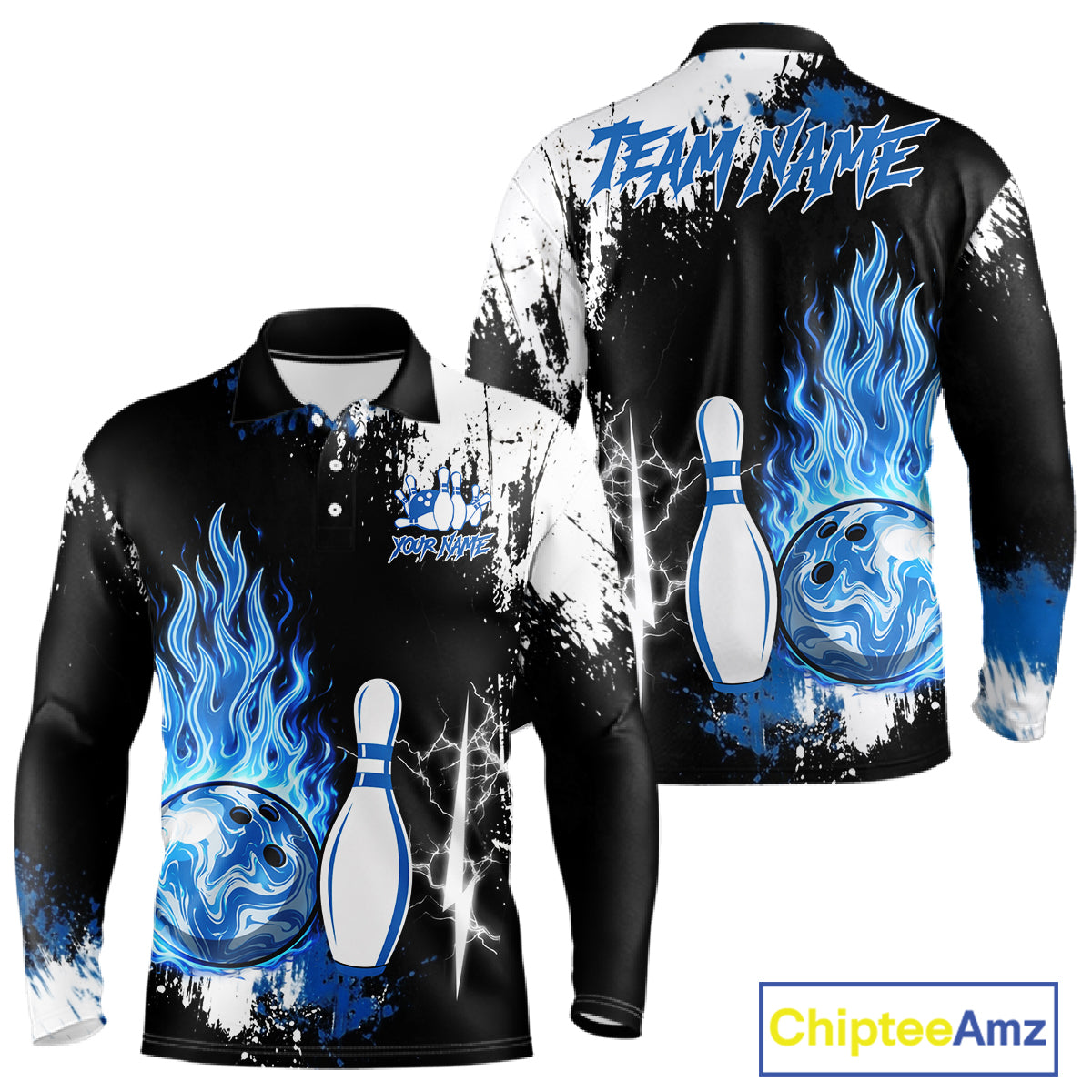 Custom Blue Flame Lightning Thunder Bowling shirts for Men, black and white bowling team jerseys NQS11617