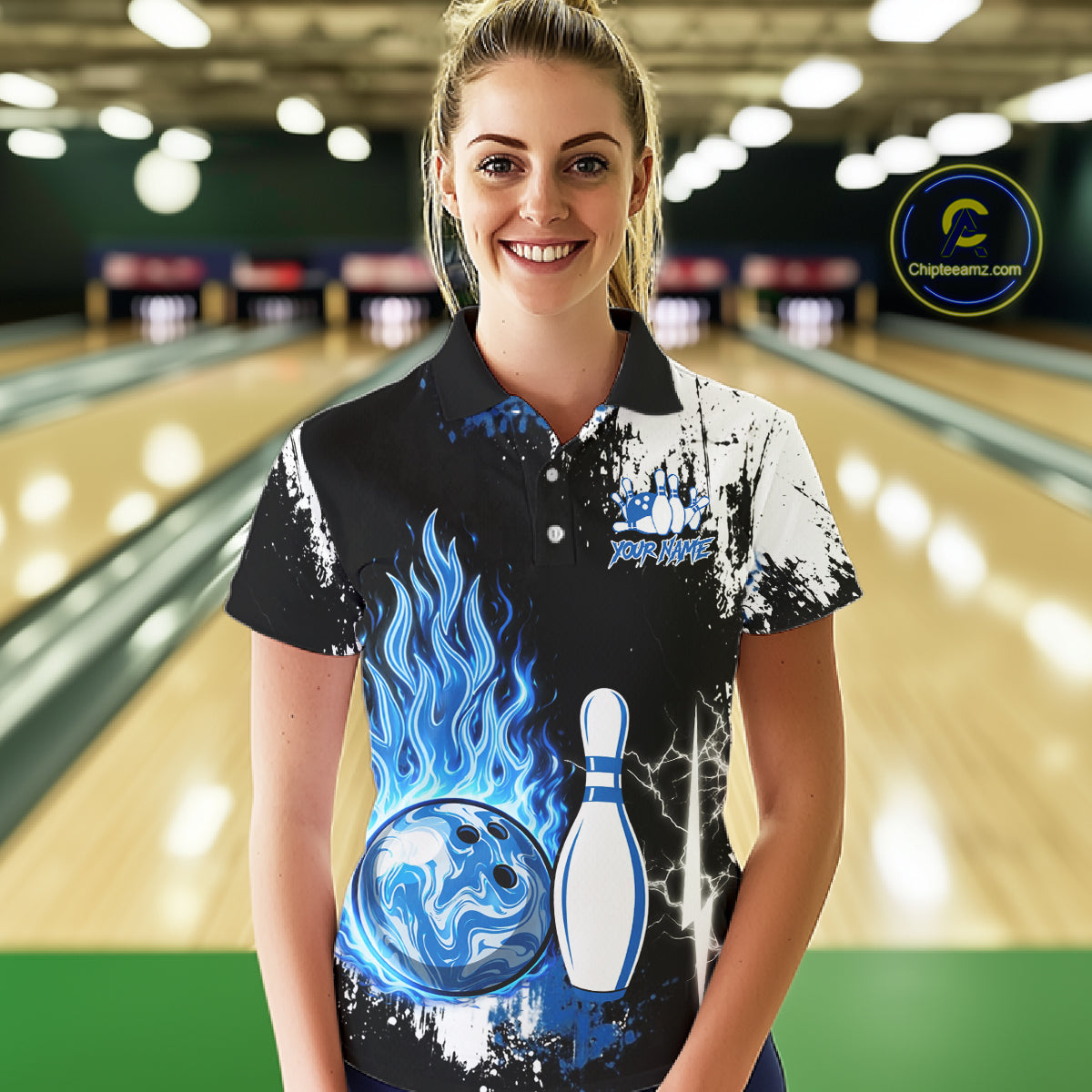 Custom Blue Flame Lightning Thunder Bowling shirts for Women, black and white bowling team jerseys NQS11617