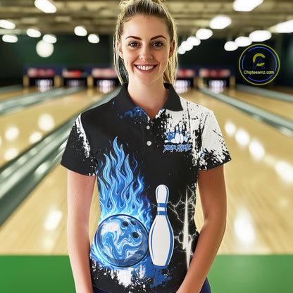Custom Blue Flame Lightning Thunder Bowling shirts for Women, black and white bowling team jerseys NQS11617