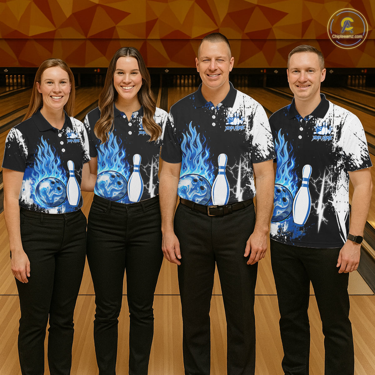 Custom Blue Flame Lightning Thunder Bowling shirts for Men, black and white bowling team jerseys NQS11617