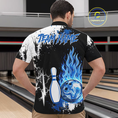 Custom Blue Flame Lightning Thunder Bowling shirts for Men, black and white bowling team jerseys NQS11617