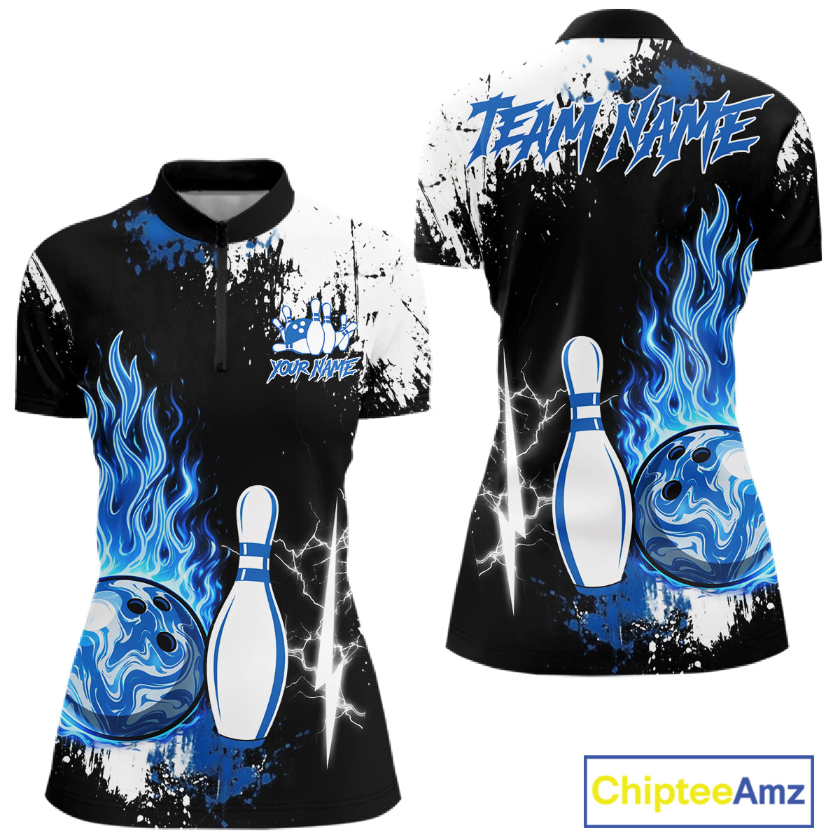 Custom Blue Flame Lightning Thunder Bowling shirts for Women, black and white bowling team jerseys NQS11617