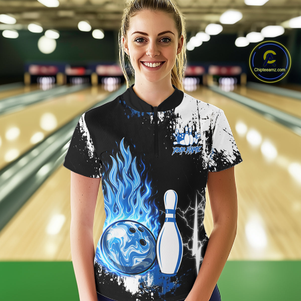 Custom Blue Flame Lightning Thunder Bowling shirts for Women, black and white bowling team jerseys NQS11617