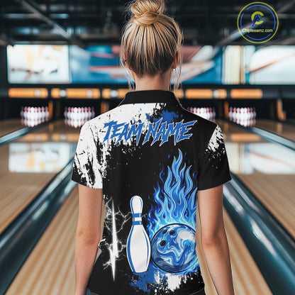 Custom Blue Flame Lightning Thunder Bowling shirts for Women, black and white bowling team jerseys NQS11617