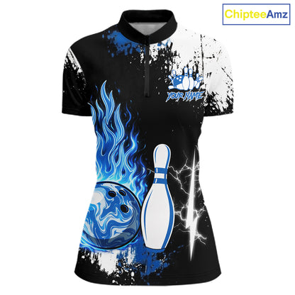 Custom Blue Flame Lightning Thunder Bowling shirts for Women, black and white bowling team jerseys NQS11617