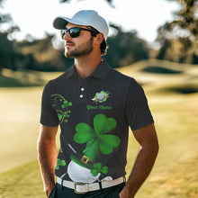 Load image into Gallery viewer, Green shamrock golf ball clubs Lucky Men polo golf shirts Custom St Patrick Day black team golf jersey NQS9644