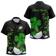 Load image into Gallery viewer, Green shamrock golf ball clubs Lucky Kid polo golf shirts Custom St Patrick Day black team golf jersey NQS9644