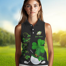 Load image into Gallery viewer, Green shamrock Lucky Women sleeveless polo golf shirts Custom St Patrick Day black team golf jerseys NQS9644