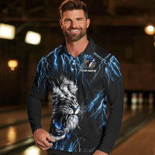 Load image into Gallery viewer, Black and Blue Lightning Thunder Lion Bowling Shirt For Men Custom Lion Bowling Team Jerseys NQS9645