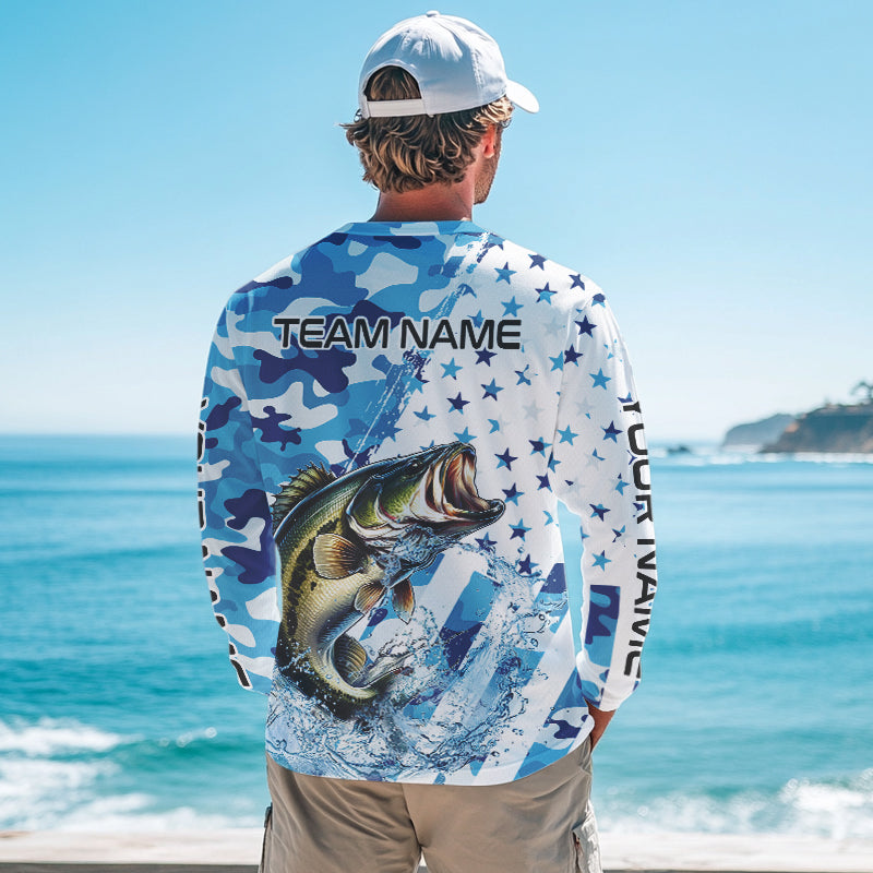 Blue Camo American Flag Bass Fishing Custom Long Sleeve Fishing Shirts Personalized Bass Fishing Gifts NQS9647