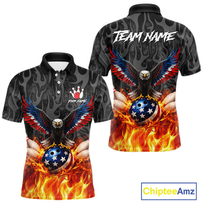 Black and Orange Flame American Flag Eagle Bowling Shirt For Men Custom Patriotic Bowling Team Jersey NQS11722