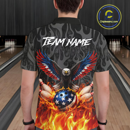 Black and Orange Flame American Flag Eagle Bowling Shirt For Men Custom Patriotic Bowling Team Jersey NQS11722