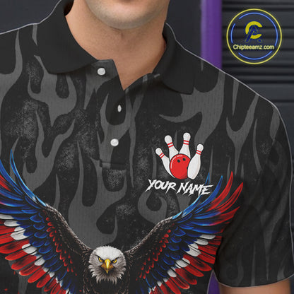 Black and Orange Flame American Flag Eagle Bowling Shirt For Men Custom Patriotic Bowling Team Jersey NQS11722