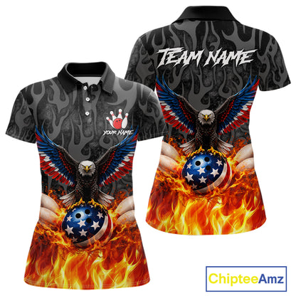 Black & Orange Flame American Flag Eagle Bowling Shirt For Women Custom Patriotic Bowling Team Jersey NQS11722
