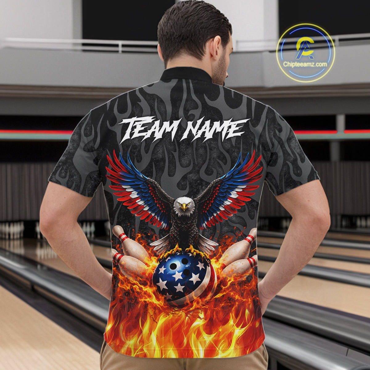 Black and Orange Flame American Flag Eagle Bowling Shirt For Men Custom Patriotic Bowling Team Jersey NQS11722