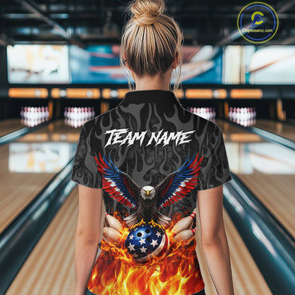 Black & Orange Flame American Flag Eagle Bowling Shirt For Women Custom Patriotic Bowling Team Jersey NQS11722